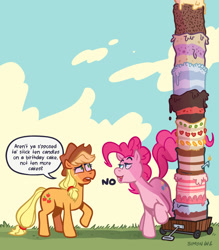 Size: 1280x1463 | Tagged: safe, artist:simondrawsstuff, derpibooru import, applejack, pinkie pie, earth pony, pony, bugs bunny's no, cake, candle, duo, female, food, happy birthday mlp:fim, mare, no, speech bubble, wagon