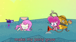 Size: 1920x1080 | Tagged: safe, derpibooru import, edit, edited screencap, screencap, fluttershy, pinkie pie, earth pony, pegasus, pony, my little pony: pony life, the crystal capturing contraption, spoiler:pony life s02e02, caption, duo, duo female, female, growth, image macro, mare, power rangers, text