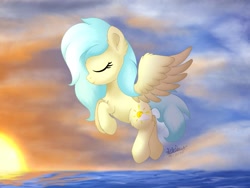 Size: 1333x1000 | Tagged: safe, artist:itsnovastarblaze, derpibooru import, oc, oc:aqua everglow, pegasus, cheek fluff, chest fluff, cute, ear fluff, ears, eyes closed, female, fluffy, flying, leg fluff, mare, ocean, shoulder fluff, signature, solo, stars, sunset, wing fluff