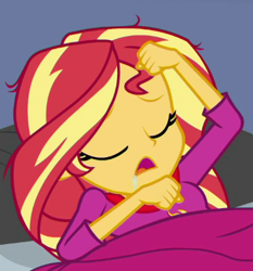 Size: 367x393 | Tagged: safe, derpibooru import, screencap, sunset shimmer, better together, equestria girls, wake up!, cropped, drool, solo