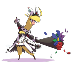 Size: 1413x1245 | Tagged: safe, artist:hitsuji, derpibooru import, paprika paca, alpaca, them's fightin' herds, bouquet, clothes, community related, cosplay, costume, dress, elphelt valentine, flower, guilty gear, petals, simple background, solo, transparent background