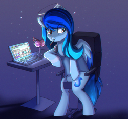 Size: 1400x1300 | Tagged: safe, artist:freak-side, derpibooru import, oc, oc only, pegasus, pony, chair, commission, computer, desk, food, halo, headphones, ice cream, laptop computer, sitting, solo, ych result