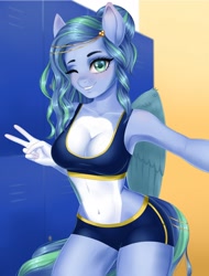 Size: 974x1280 | Tagged: safe, artist:winnigrette, derpibooru import, oc, oc only, oc:starry song, anthro, pegasus, belly button, blushing, breasts, cleavage, clothes, commission, digital art, female, looking at you, one eye closed, peace sign, shorts, smiling, smiling at you, solo, sports bra, sports shorts, tail, thighs, wide hips, wings, wink, winking at you, ych result