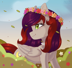 Size: 1882x1799 | Tagged: safe, artist:auroracursed, derpibooru import, oc, oc only, oc:evening prose, pegasus, female, floral head wreath, flower, freckles, jewelry, mare, necklace, pearl necklace, solo