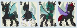 Size: 2880x1038 | Tagged: safe, artist:bluekite-falls, artist:sky-railroad, derpibooru import, kevin (changeling), pharynx, thorax, changeling, pony, card game, green changeling, kevin, prance card game, purple changeling, unnamed character, watermark