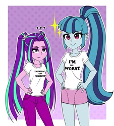 Size: 1086x1200 | Tagged: safe, artist:nekojackun, derpibooru import, aria blaze, sonata dusk, equestria girls, clothes, cute, hands on hip, i'm with stupid, jeans, pants, shirt, skirt, sonatabetes, t-shirt