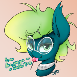 Size: 527x527 | Tagged: safe, artist:zyncrus, derpibooru import, oc, oc only, oc:sherbert dip, bat pony, pony, bat pony oc, bedroom eyes, bust, candy, collar, ear fluff, ears, eye clipping through hair, eyebrows visible through hair, fangs, food, futhark, glasses, gradient background, green coat, green eyes, green mane, licking, lollipop, looking at you, male, signature, simple background, solo, tongue, tongue out, wingding eyes
