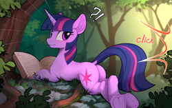 Size: 2200x1380 | Tagged: safe, artist:yakovlev-vad, derpibooru import, edit, editor:edits of hate, twilight sparkle, unicorn twilight, pony, unicorn, adorasexy, blushing, book, butt, camera flashes, cute, cutie mark, dock, ear fluff, ears, exclamation point, female, forest, frog (hoof), frown, interrobang, looking back, lying down, mare, nature, observer, offscreen character, paparazzi, pentagram, plot, prone, question mark, reading, rear view, scenery, sexy, solo, startled, surprised, tree, twiabetes, twibutt, underhoof, voyeur, voyeurism, wide eyes, wingless, wingless edit