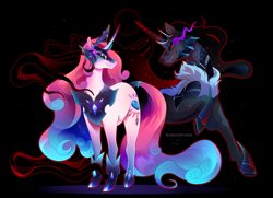 Size: 4063x2944 | Tagged: safe, artist:pumpkabooo, derpibooru import, king sombra, princess amore, pony, unicorn, black background, colored pupils, commission, corrupted, crown, empress, evil, evil grin, female, flowing mane, flowing tail, glowing eyes, grin, hoof shoes, horn, jewelry, male, mare, mind control, regalia, simple background, smiling, sombra eyes, sombrafied, sparkles, stallion