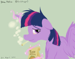 Size: 1024x805 | Tagged: safe, artist:rockhoppr3, derpibooru import, twilight sparkle, twilight sparkle (alicorn), alicorn, pony, 420, drug use, drugs, high, highlight sparkle, joint, looking at you, magic, magic aura, marijuana, messy mane, paper bag, red eyes, solo, spread wings, stoned, wings