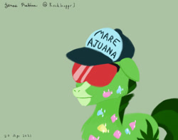 Size: 1024x805 | Tagged: safe, artist:rockhoppr3, derpibooru import, earth pony, pony, 420, drugs, ears, floppy ears, hat, helluva boss, mare ajuana, marijuana, mlp style, solo, sunglasses