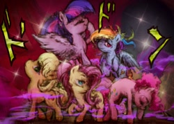 Size: 1400x1005 | Tagged: safe, artist:plotcore, derpibooru import, applejack, fluttershy, pinkie pie, rainbow dash, twilight sparkle, twilight sparkle (alicorn), alicorn, earth pony, pegasus, pony, my little pony: pony life, what goes updo, spoiler:pony life s02e17, alternate hairstyle, drawthread, g4.5 to g4, jojo reference, jojo's bizarre adventure, scene interpretation