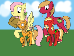 Size: 4000x3000 | Tagged: safe, artist:stormthepony, derpibooru import, big macintosh, fluttershy, oc, oc:honeycrisp, oc:monarch butterfly, earth pony, pegasus, pony, basket, earth pony oc, family, female, filly, flower, fluttermac, freckles, grass, male, mare, offspring, parent:big macintosh, parent:fluttershy, parents:fluttermac, pegasus oc, picnic basket, shipping, siblings, sisters, stallion, straight