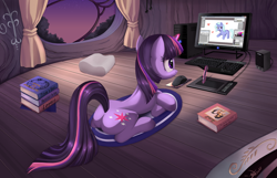 Size: 900x579 | Tagged: safe, artist:ponykillerx, twilight sparkle, unicorn twilight, pony, unicorn, book, computer, female, golden oaks library, graphics tablet, indoors, keyboard, mare, mouse cursor, prone, solo, speakers, stylus
