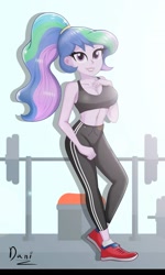 Size: 1225x2048 | Tagged: safe, artist:danielitamlp, princess celestia, principal celestia, equestria girls, alternate hairstyle, belly button, breasts, cleavage, clothes, female, gym, looking at you, ponytail, shoes, smiling, sneakers, solo, sports bra, trackpants, weights