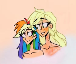 Size: 789x669 | Tagged: safe, artist:citi, derpibooru import, applejack, rainbow dash, human, appledash, bare shoulders, ear piercing, female, freckles, humanized, lesbian, looking at each other, piercing, shipping, simple background