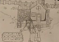 Size: 1080x763 | Tagged: safe, artist:random_glitter_productions, derpibooru import, oc, earth pony, barn, earth pony oc, lineart, outdoors, signature, smiling, solo, stardew valley, traditional art