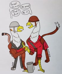 Size: 2417x2904 | Tagged: safe, artist:agdapl, derpibooru import, griffon, bucket, clothes, crossover, dialogue, duo, griffonized, helmet, male, signature, species swap, traditional art