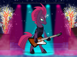 Size: 1024x768 | Tagged: safe, artist:tim-kangaroo, derpibooru import, fizzlepop berrytwist, tempest shadow, pony, unicorn, my little pony: the movie, armor, broken horn, fanart, fireworks, guitar, hoof hold, horn, looking down, magic, musical instrument, playing instrument, rocking out, spotlight, stage