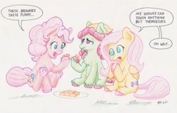 Size: 3249x2067 | Tagged: safe, artist:lost marbles, derpibooru import, fluttershy, pinkie pie, tree hugger, earth pony, pegasus, pony, colored pencil drawing, dialogue, female, females only, simple background, traditional art, white background