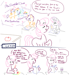 Size: 2300x2500 | Tagged: safe, artist:doodledandy, derpibooru import, cheerilee, rainbow dash, scootaloo, sweetie belle, earth pony, pegasus, pony, unicorn, comic, desk, dialogue, female, lesbian, limited palette, scootadash, shipping, wine