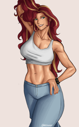 Size: 4961x8016 | Tagged: safe, artist:nire, derpibooru import, sunset shimmer, equestria girls, belly button, breasts, cleavage, clothes, female, hand in pants, jeans, pants, short shirt, smiling, solo, spiked wristband, sunset jiggler, wristband