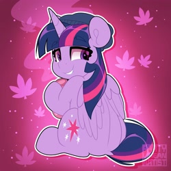 Size: 4000x4000 | Tagged: safe, artist:partylikeanartist, derpibooru import, twilight sparkle, twilight sparkle (alicorn), alicorn, pony, 420, abstract background, back, beanie, bong, dock, drugs, from behind, hat, high, highlight sparkle, lip bite, looking back, marijuana, simple background, solo, stoned