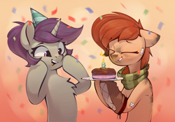 Size: 1508x1053 | Tagged: safe, artist:rexyseven, derpibooru import, oc, oc only, oc:lavrushka, oc:rusty gears, earth pony, pony, unicorn, cake, female, food, hat, mare, party hat