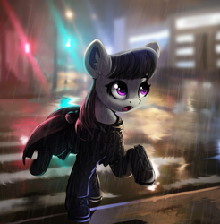 Size: 1267x1285 | Tagged: safe, artist:hitbass, derpibooru import, octavia melody, pony, city, clothes, cute, ear fluff, ears, open mouth, rain, tavibetes