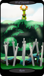 Size: 1500x2591 | Tagged: safe, artist:sixes&sevens, derpibooru import, part of a set, queen chrysalis, thorax, changeling, female, looking down, lying down, male, minor arcana, outdoors, sword, tarot card, ten of swords, weapon