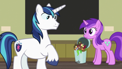 Size: 1920x1080 | Tagged: safe, derpibooru import, screencap, amethyst star, shining armor, sparkler, pony, unicorn, a flurry of emotions, eye contact, female, looking at each other, male, mare, stallion, trash can