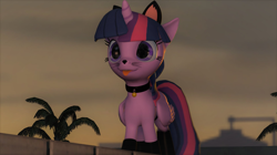 Size: 1920x1079 | Tagged: safe, artist:nikosourcedemon, derpibooru import, twilight sparkle, twilight sparkle (alicorn), alicorn, pony, 3d, :p, bell, cat bell, cat ears, clothes, collar, cute, folded wings, palm tree, socks, solo, source filmmaker, tongue, tongue out, tree, twiabetes, whiskers, wings