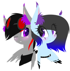 Size: 2430x2468 | Tagged: safe, artist:mediasmile666, derpibooru import, oc, oc only, pegasus, pony, blushing, bust, duo, female, glasses, looking at each other, mare, one eye closed, simple background, transparent background