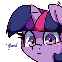 Size: 3000x3000 | Tagged: safe, artist:lou, derpibooru import, twilight sparkle, pony, unicorn, bust, female, horn, looking at you, mare, portrait, simple background, solo, stare, white background