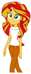 Size: 442x1045 | Tagged: safe, derpibooru import, sunset shimmer, equestria girls, clothes, jeans, mclaren, ms paint, pants, renault, shirt, smiling, solo, t-shirt