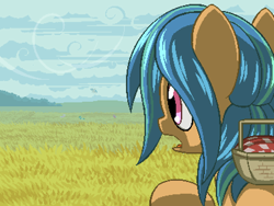 Size: 800x600 | Tagged: safe, artist:rangelost, derpibooru import, oc, oc only, oc:windcaller, earth pony, pegasus, pony, basket, cloud, cyoa:d20 pony, field, outdoors, solo focus