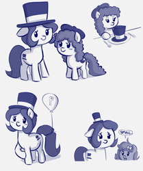Size: 2505x3000 | Tagged: safe, artist:heretichesh, derpibooru import, oc, oc:hattsy, oc:lil beret, oc:whinny, earth pony, pony, balloon, beret, blushing, bow, cute, dialogue, distressed, family, female, fork, hair bow, happy, hat, knife, mother and child, mother and daughter, parent and child, parent:pinkie pie, plate, pregnant, standing, text, top hat, unamused