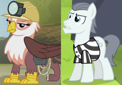 Size: 1072x746 | Tagged: safe, derpibooru import, edit, edited screencap, screencap, gimme moore, silver shill, earth pony, griffon, leap of faith, the lost treasure of griffonstone, bag, clothes, crack shipping, cropped, female, gimmeshill, helmet, interspecies, male, mining helmet, rope, saddle bag, shipping, shipping domino, shirt, straight, striped shirt