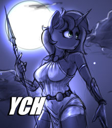 Size: 5000x5700 | Tagged: safe, artist:felixf, derpibooru import, princess luna, anthro, auction, commission, night, sketch, spear, weapon, ych sketch, your character here