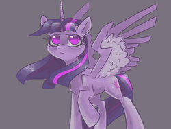 Size: 800x600 | Tagged: safe, artist:smirk, derpibooru import, twilight sparkle, twilight sparkle (alicorn), alicorn, pony, female, gray background, looking up, mare, raised hoof, raised leg, simple background, solo, spread wings, wing fluff, wings