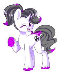 Size: 910x1062 | Tagged: safe, artist:thieftea, derpibooru import, oc, oc:hazel radiate, pony, unicorn, bow, commission, commissioner:biohazard, female, hair bow, highlights, ionizing radiation warning symbol, looking at you, one eye closed, ponytail, quadrupedal, raised hoof, raised leg, smiling, solo, standing, tail bow, wink, winking at you, ych result