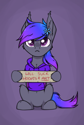 Size: 2000x3000 | Tagged: safe, artist:danger_above, derpibooru import, oc, oc only, oc:grey, bat pony, pony, clothes, cute, ear fluff, ears, hoodie, male, sign, simple background, sitting, solo, text
