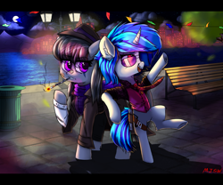 Size: 3600x3000 | Tagged: safe, artist:mjsw, derpibooru import, dj pon-3, octavia melody, vinyl scratch, earth pony, pony, unicorn, cigarette holder, city, clothes, detective, duo, female, letterboxing, mare, night, smoking