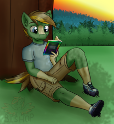 Size: 2355x2570 | Tagged: safe, artist:askavrobishop, derpibooru import, oc, anthro, earth pony, book, clothes, grass, male, reading, shirt, shoes, shorts, stallion, sunset, tree