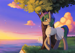 Size: 4973x3523 | Tagged: safe, artist:mrscroup, derpibooru import, oc, oc only, oc:nami, oc:sparky, pony, unicorn, cliff, clothes, cloud, crossed hooves, dress, female, high res, jpg, mare, ocean, outdoors, scenery, sky, smiling, solo, sunset, tree, water