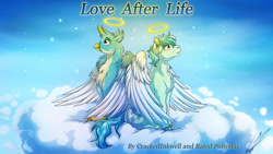 Size: 1920x1080 | Tagged: safe, artist:lupiarts, derpibooru import, gallus, sandbar, angel, earth pony, griffon, pony, fanfic, fanfic art, fanfic cover, gallbar, gay, halo, male, shipping