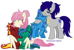 Size: 1200x821 | Tagged: source needed, safe, artist:jennieoo, derpibooru import, oc, oc:gentle star, oc:maverick, oc:ocean soul, oc:scorched earth, oc:stormy gale, earth pony, pegasus, pony, aunt, aunt and niece, colt, female, filly, happy, hug, male, mare, nephew, niece, png, simple background, smiling, stallion, transparent background, vector, water mane