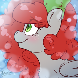 Size: 2000x2000 | Tagged: safe, artist:fluffyxai, derpibooru import, oc, oc only, oc:scenic spatter, pegasus, abstract background, blushing, cute, fluffy mane, looking to side, side view, simple background, smiling, solo