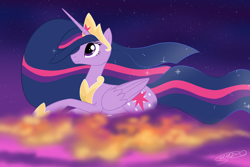 Size: 3000x2000 | Tagged: safe, artist:serra20, derpibooru import, princess twilight 2.0, twilight sparkle, twilight sparkle (alicorn), alicorn, pony, the last problem, cloud, female, high res, mare, older, older twilight, older twilight sparkle (alicorn), on a cloud, png, sitting, sitting on cloud, smiling, solo, sunset