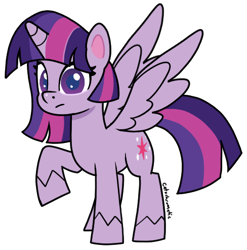 Size: 488x493 | Tagged: safe, artist:catachromatic, derpibooru import, twilight sparkle, twilight sparkle (alicorn), alicorn, pony, my little pony: pony life, emala jiss challenge, female, looking at you, lowres, png, raised hoof, raised leg, simple background, solo, spread wings, style challenge, style emulation, transparent background